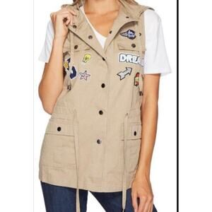 Romeo + Juliet Couture Women's Khaki Patched Hooded Jacket Vest, S, New